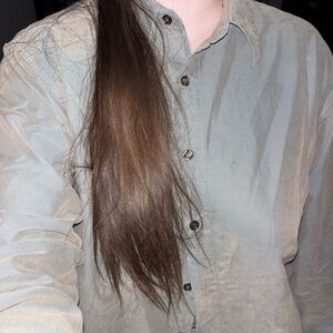 Iridescent Grey Blue Button Down Ling Sleeve Blue Trim